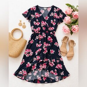 J.Crew Floral Wrap Dress Navy Pink Ruffle Hem Size S